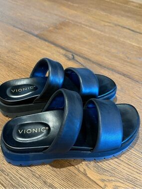Vionic Black Padded Double-Strap Slide Sandals